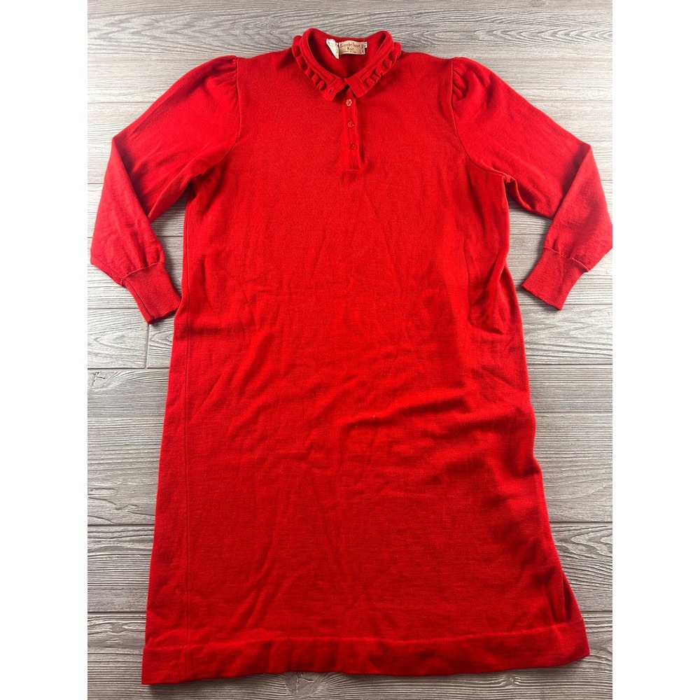 Schrader Sport Knit Vintage Red 100% Wool Ruffle Collar Dress Made in Italy 14